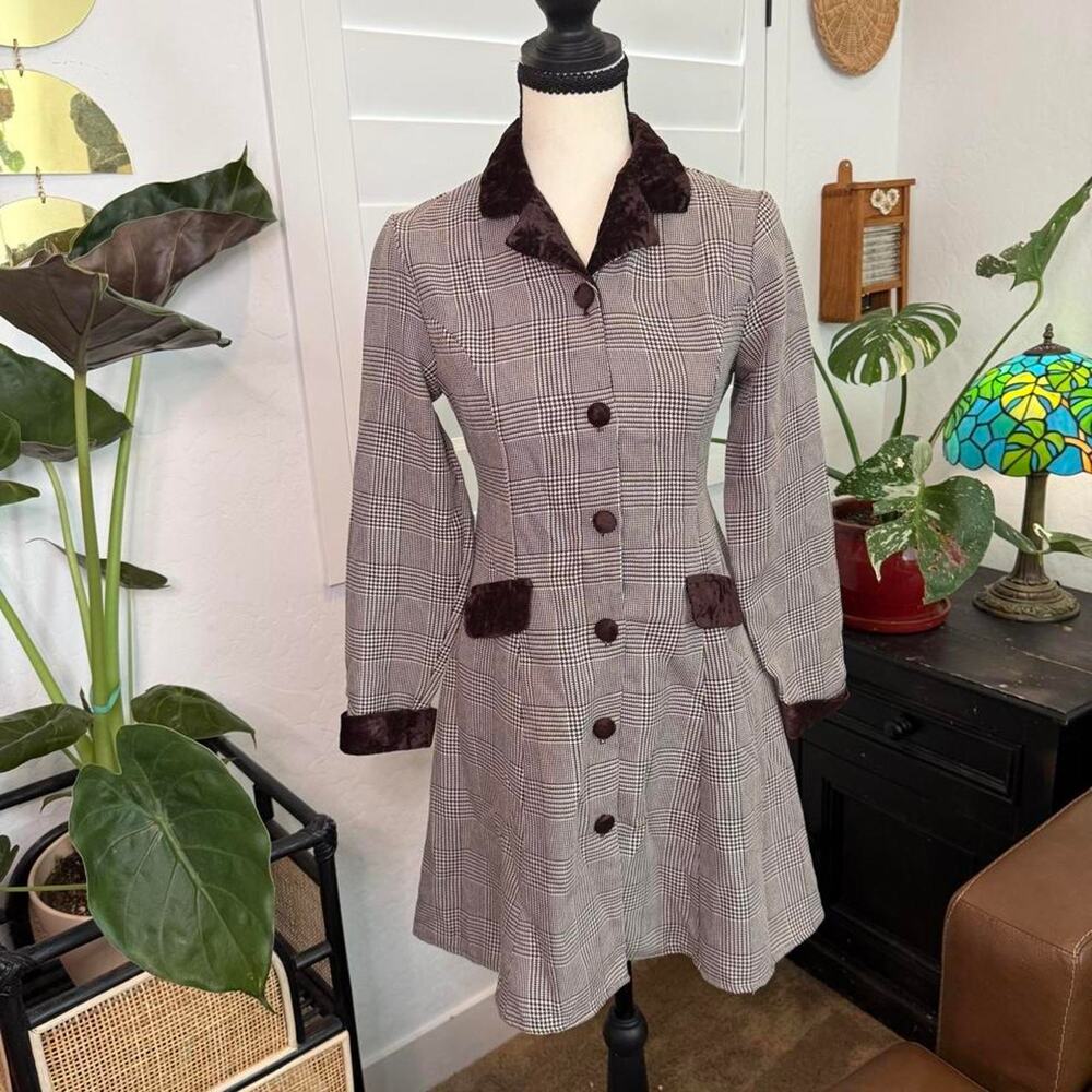Vintage 90s My Michelle Plaid Mini Dress Brown Velvet Trim Women’s S